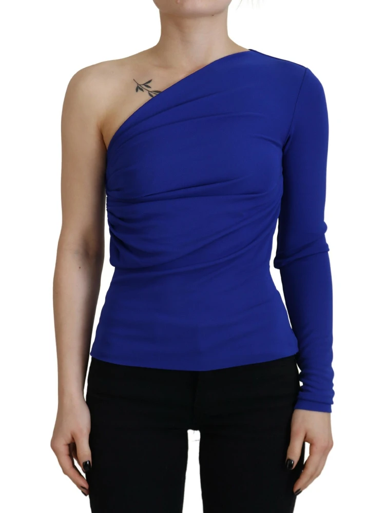 Blue Viscose One Shoulder Slim Fit Blouse Top