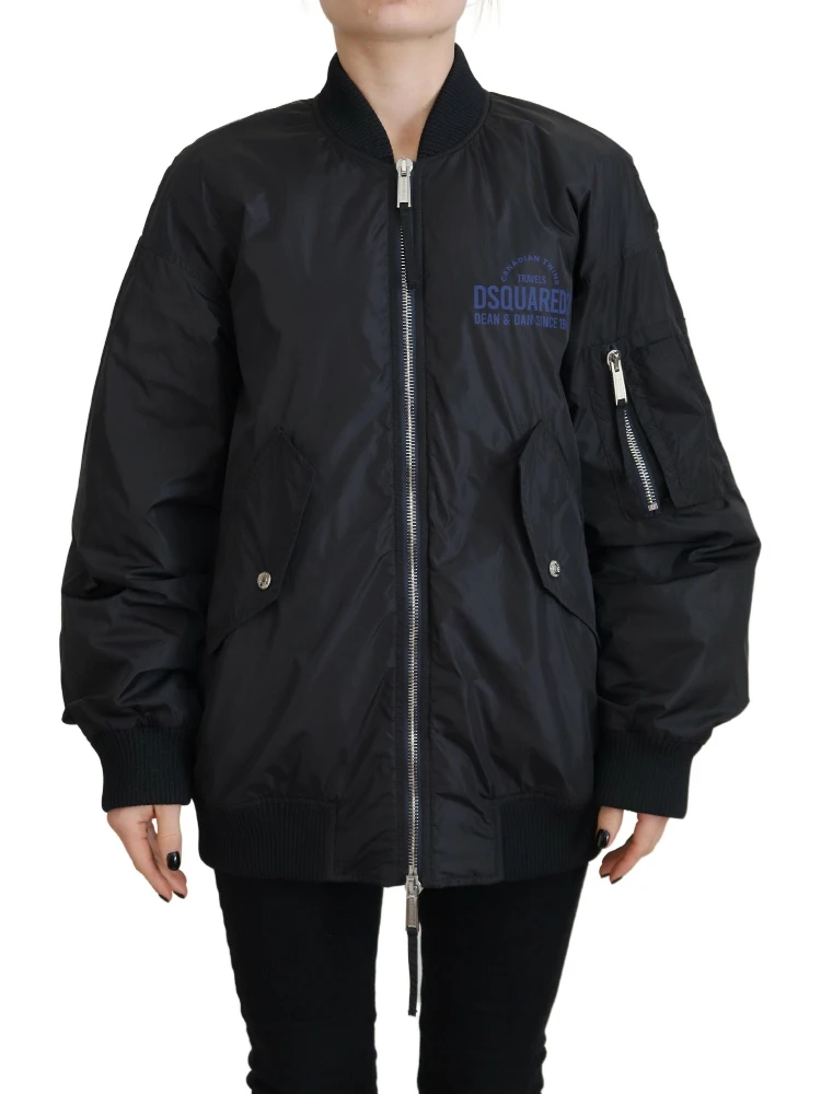 Black Logo Print Full Zip Women Bomber Jacket alternative