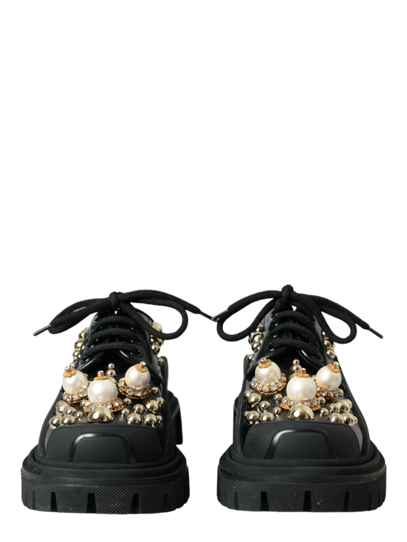 Black Leather Trekking Derby Embellished Shoes