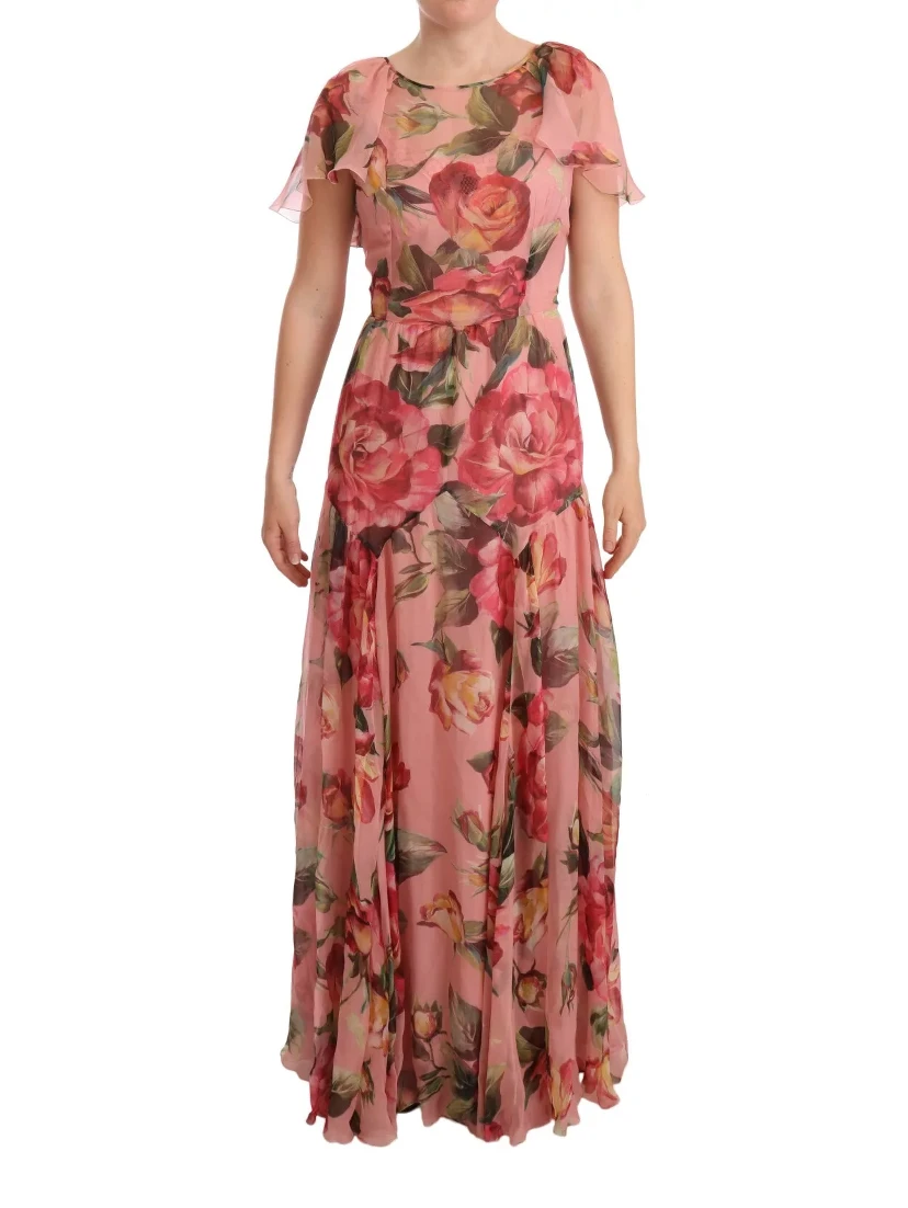 Pink Silk Floral Print Layered Maxi Dress
