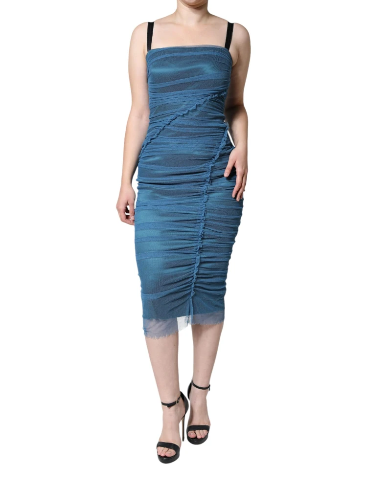 Blue Mesh Trim Ruched Tulle Sheath Dress