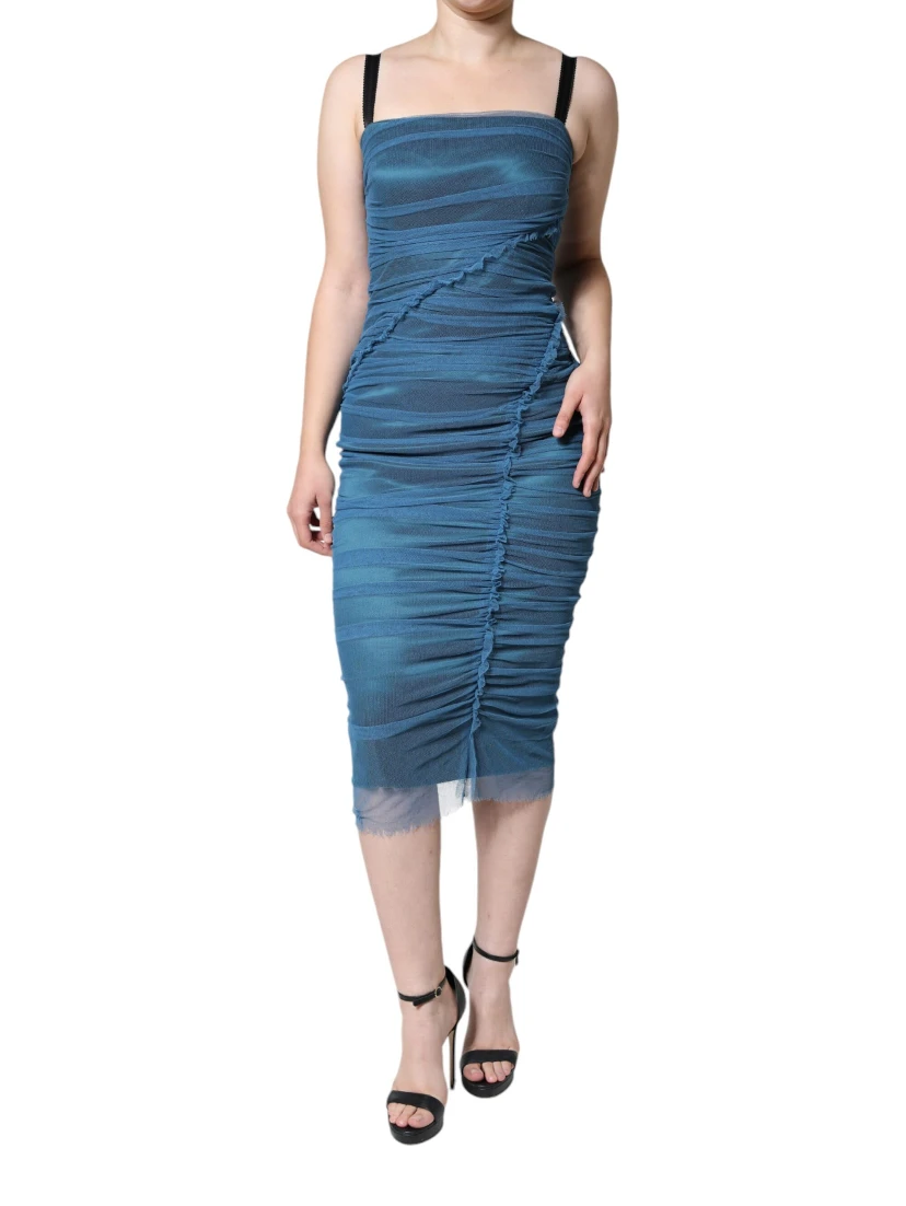 Blue Mesh Trim Ruched Tulle Sheath Dress