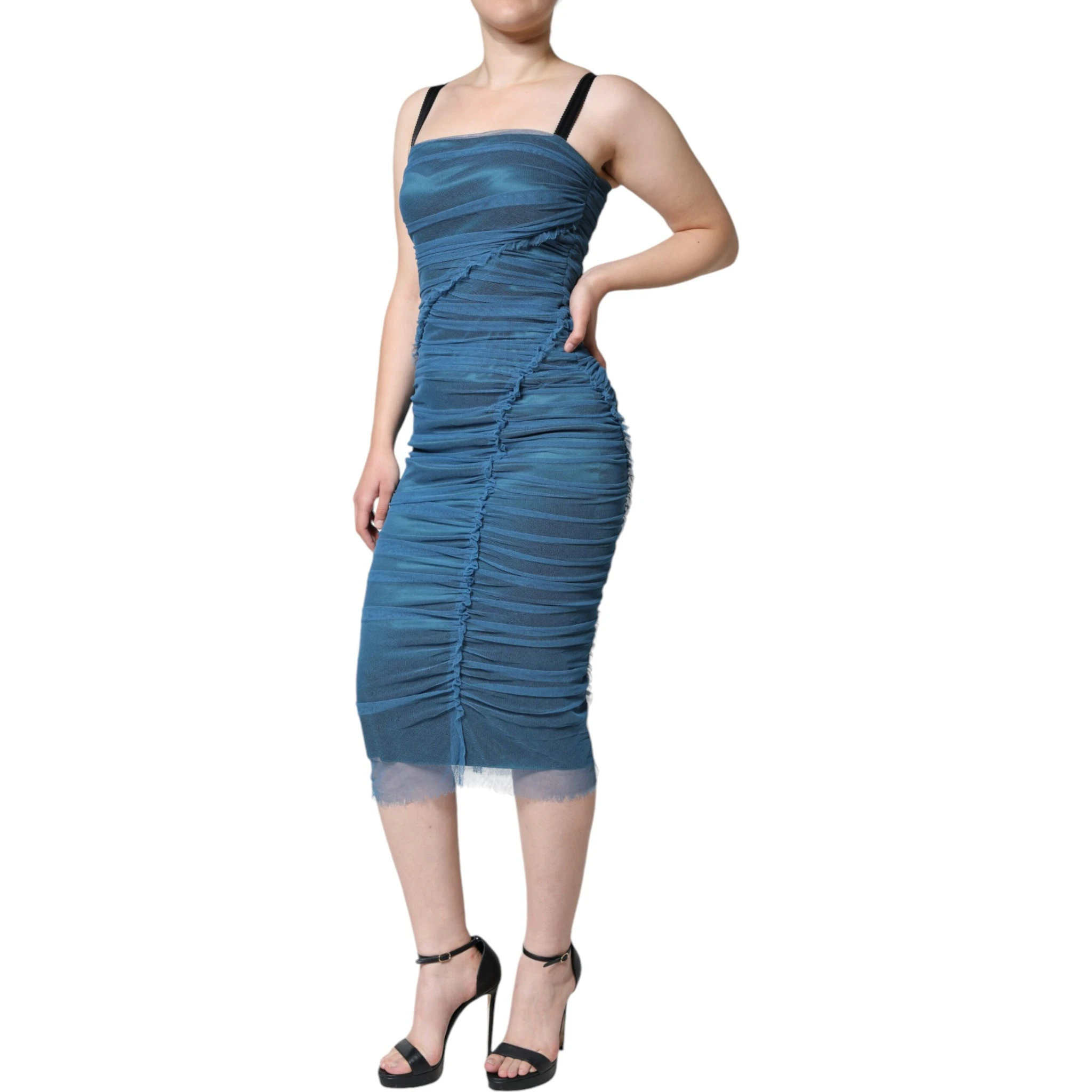 Blue Mesh Trim Ruched Tulle Sheath Dress