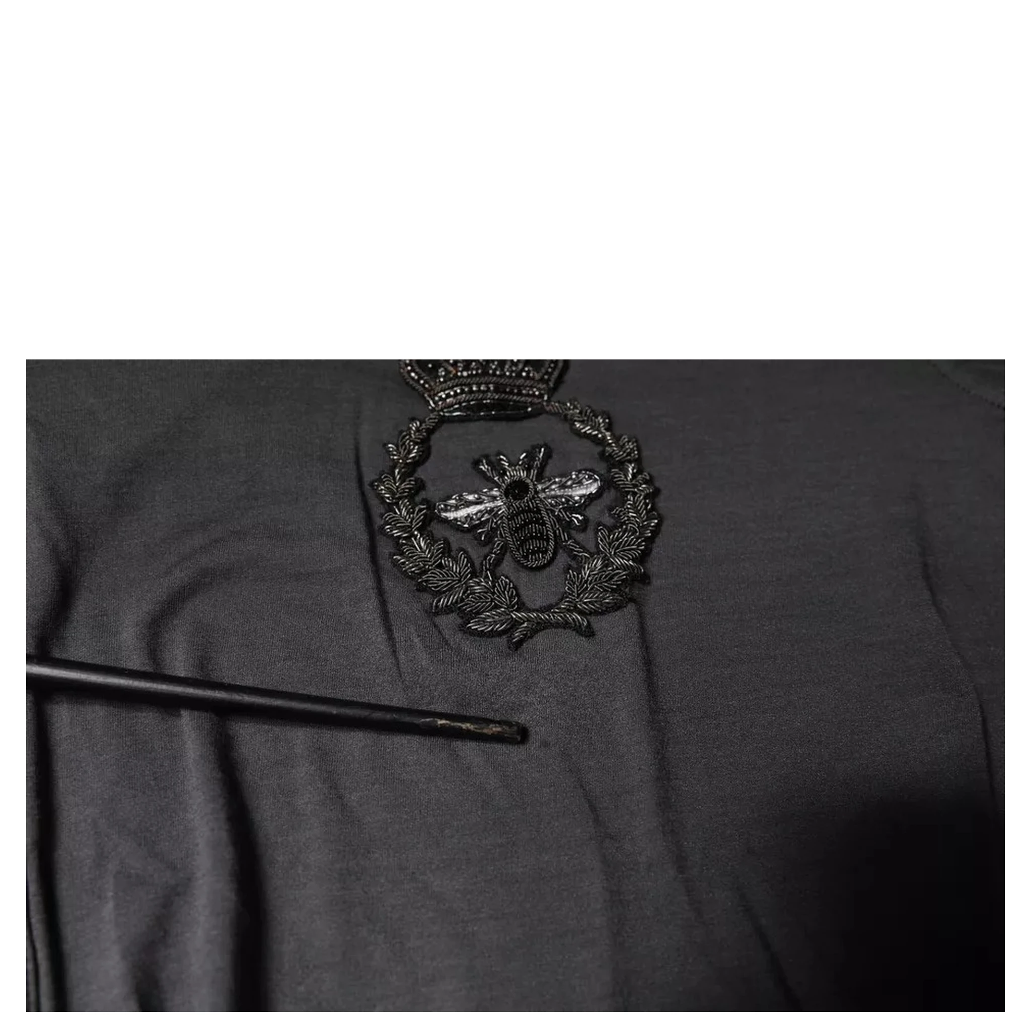 Gray Crown Bee Embroidery Pullover Sweater