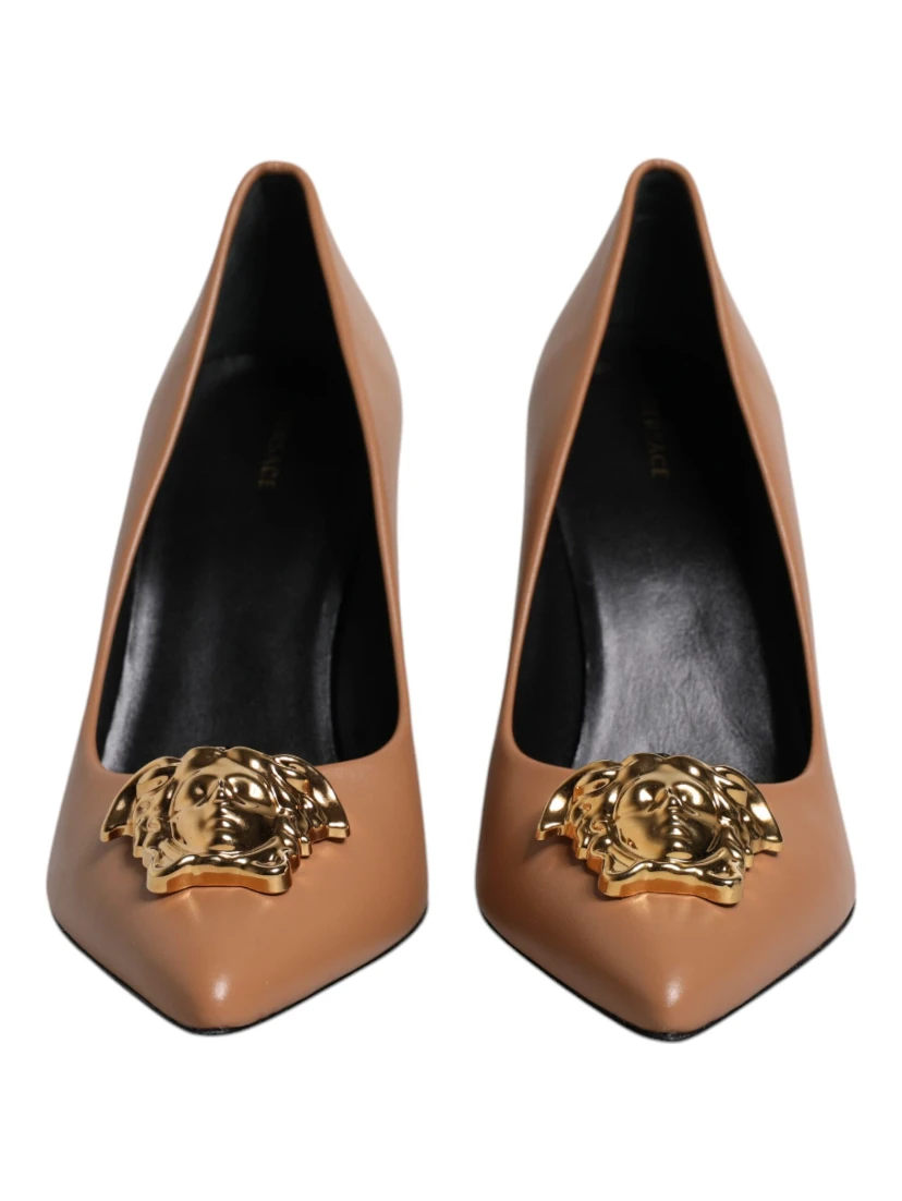 Brown Leather Logo Plaque High Heels Pumps Shoes