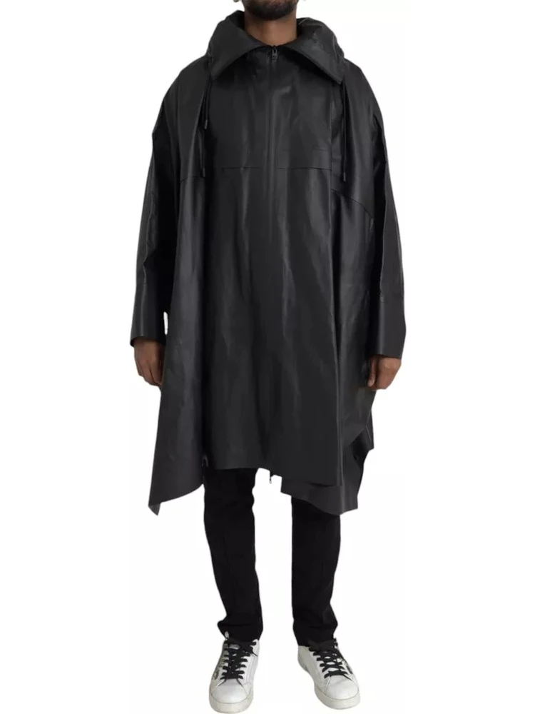 Black Leather Hooded Men Trenchcoat Jacket alternative