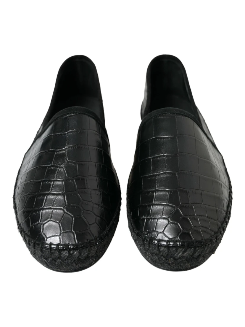 Black Exotic Leather Espadrilles Slip On Shoes