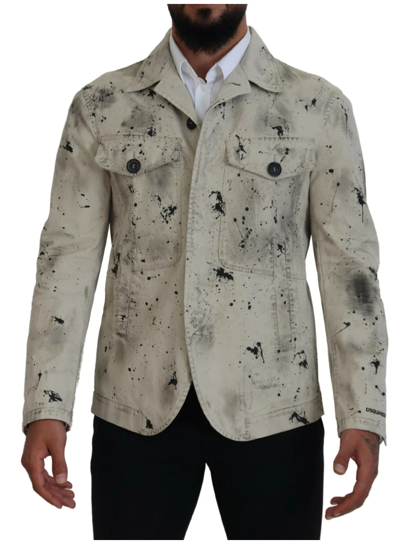 Off White Black Splash Print Casual Denim Jacket