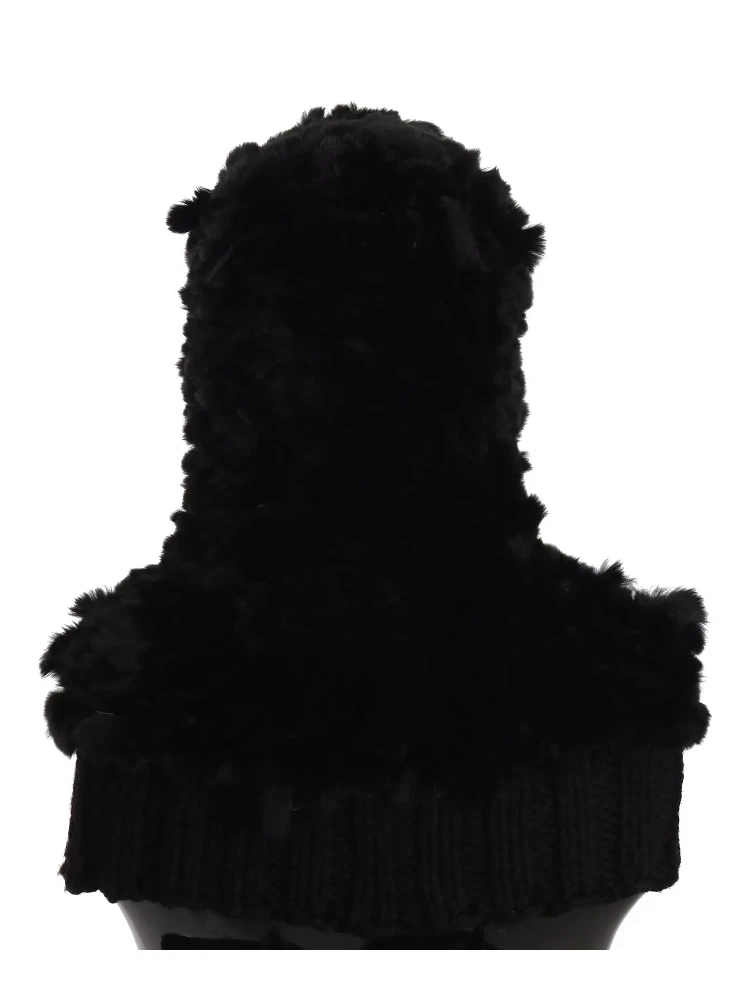 Black Silver Fox Fur Cashmere Hooded Scarf