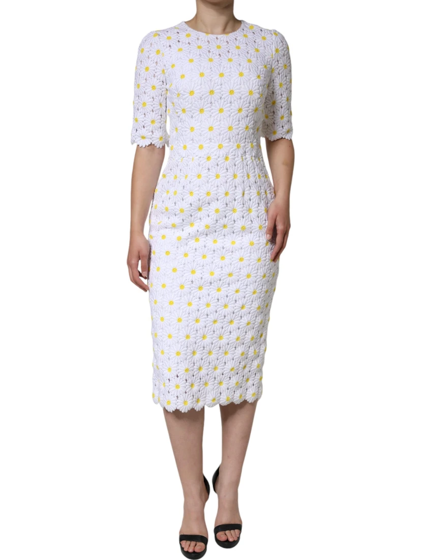 White Daisy Macrame Lace Sheath Midi Dress