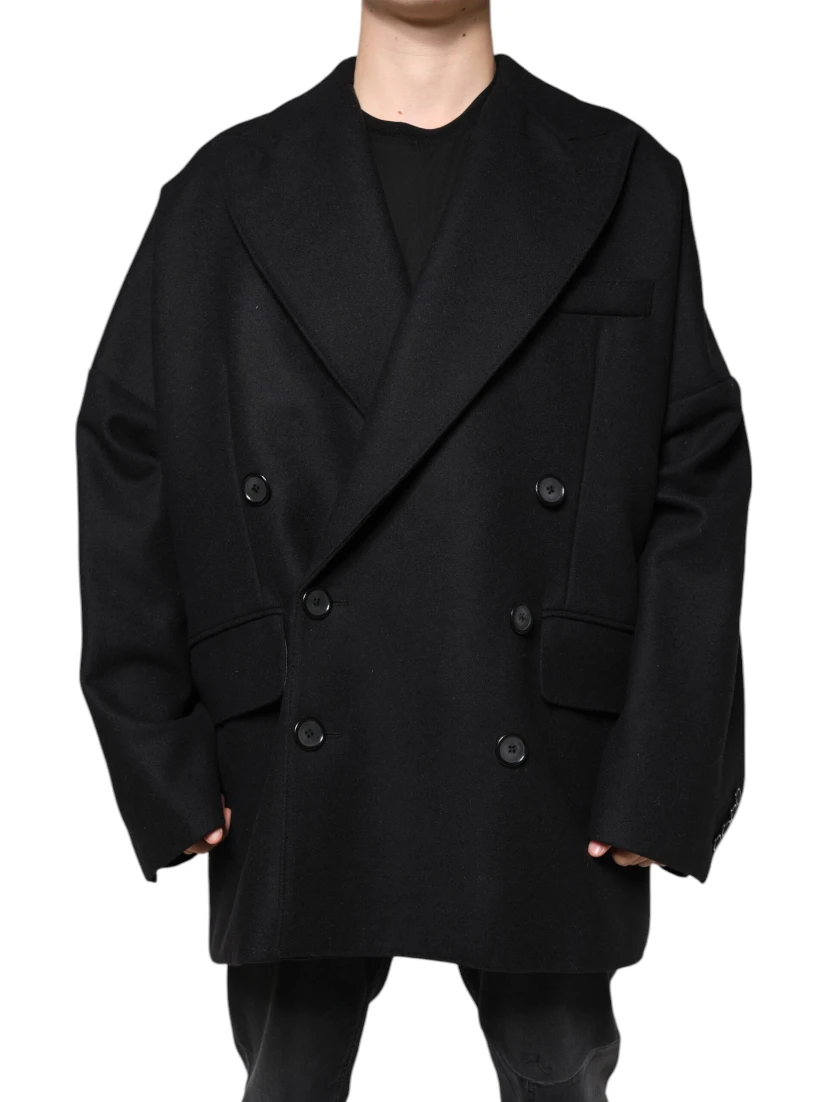 Black Wool Double Breasted Men Coat Jacket