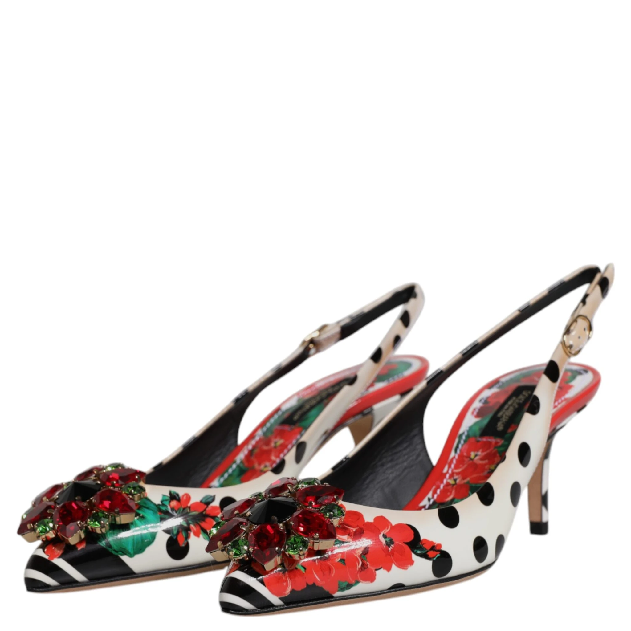 Multicolor Leather Crystal Heels Slingback Shoes