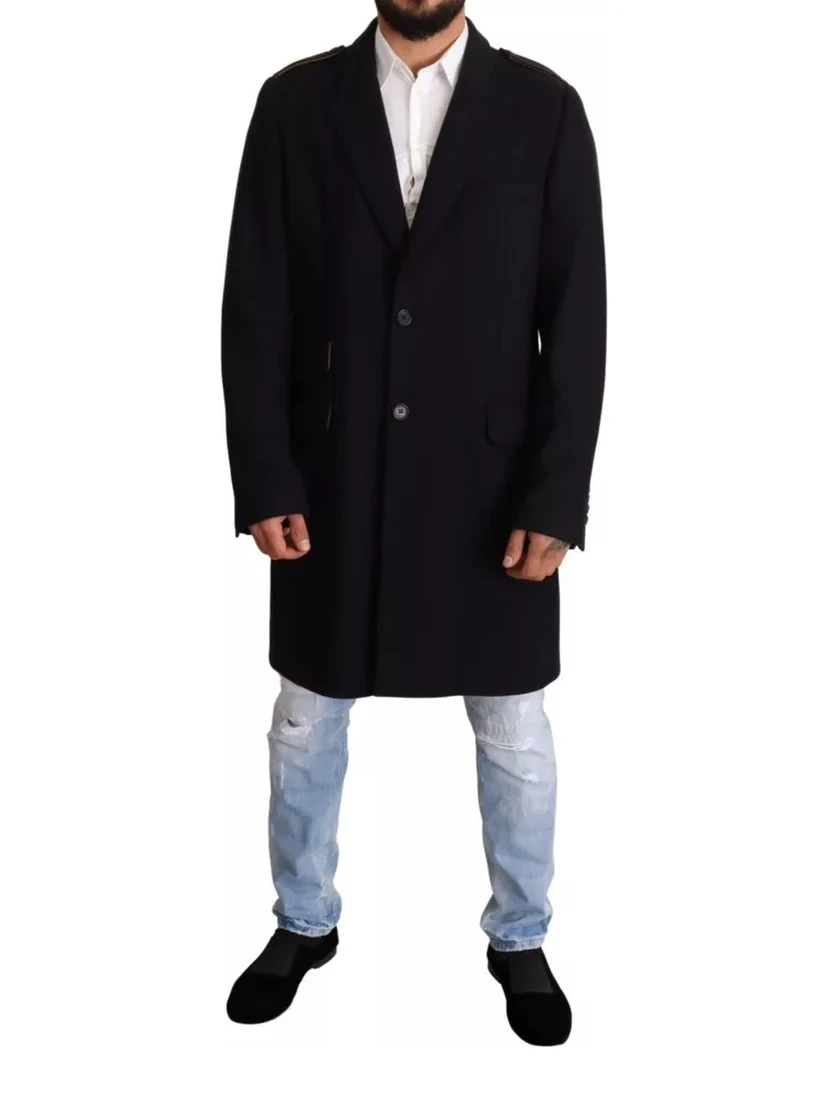 Blue Trench Coat Long Wool Stretch Jacket
