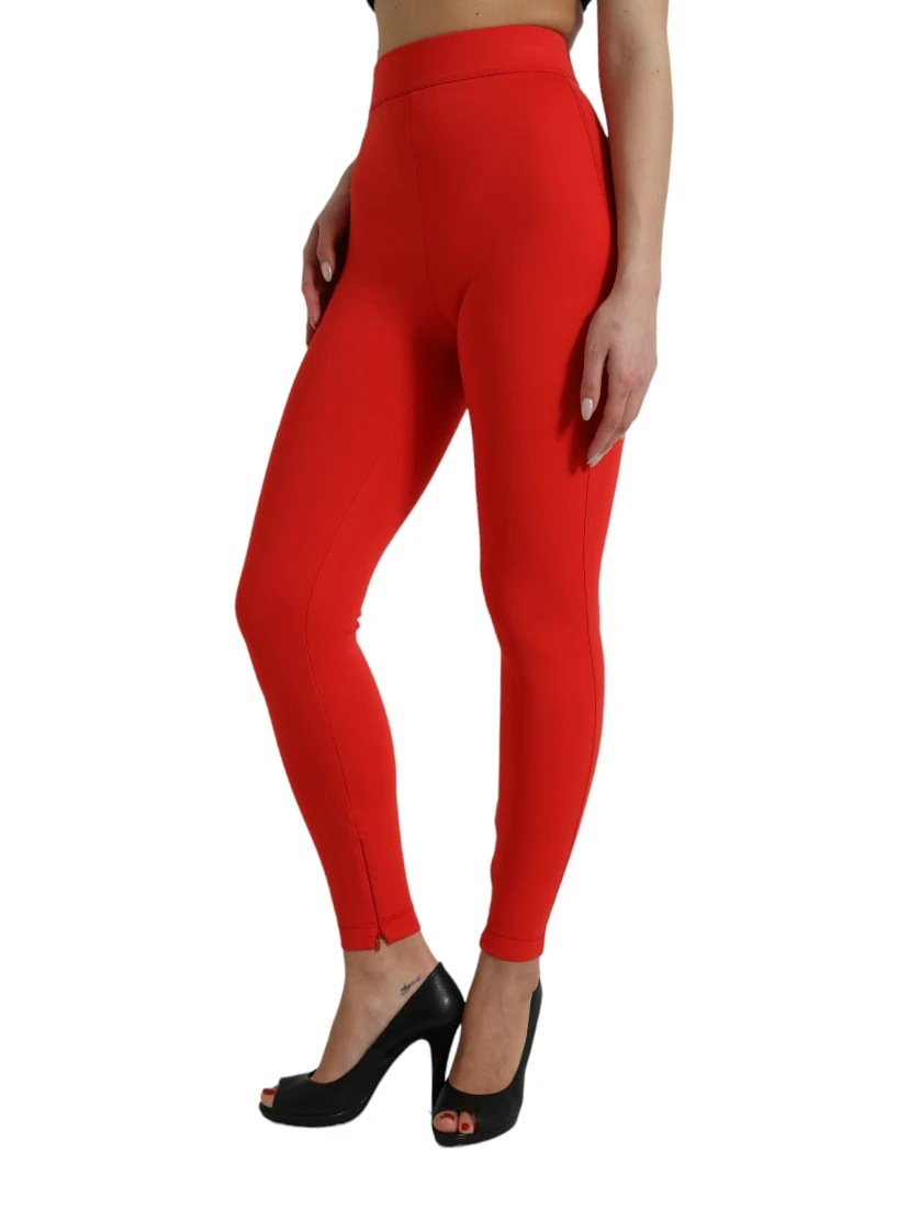 Red Nylon Stretch Slim Leggings Pants