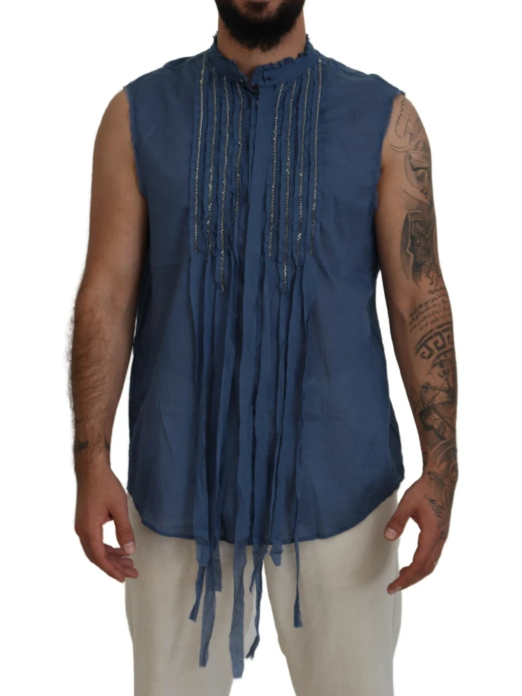 Blue Cotton Chain Embellishment Sleeveless Shirt