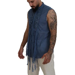 Blue Cotton Chain Embellishment Sleeveless Shirt