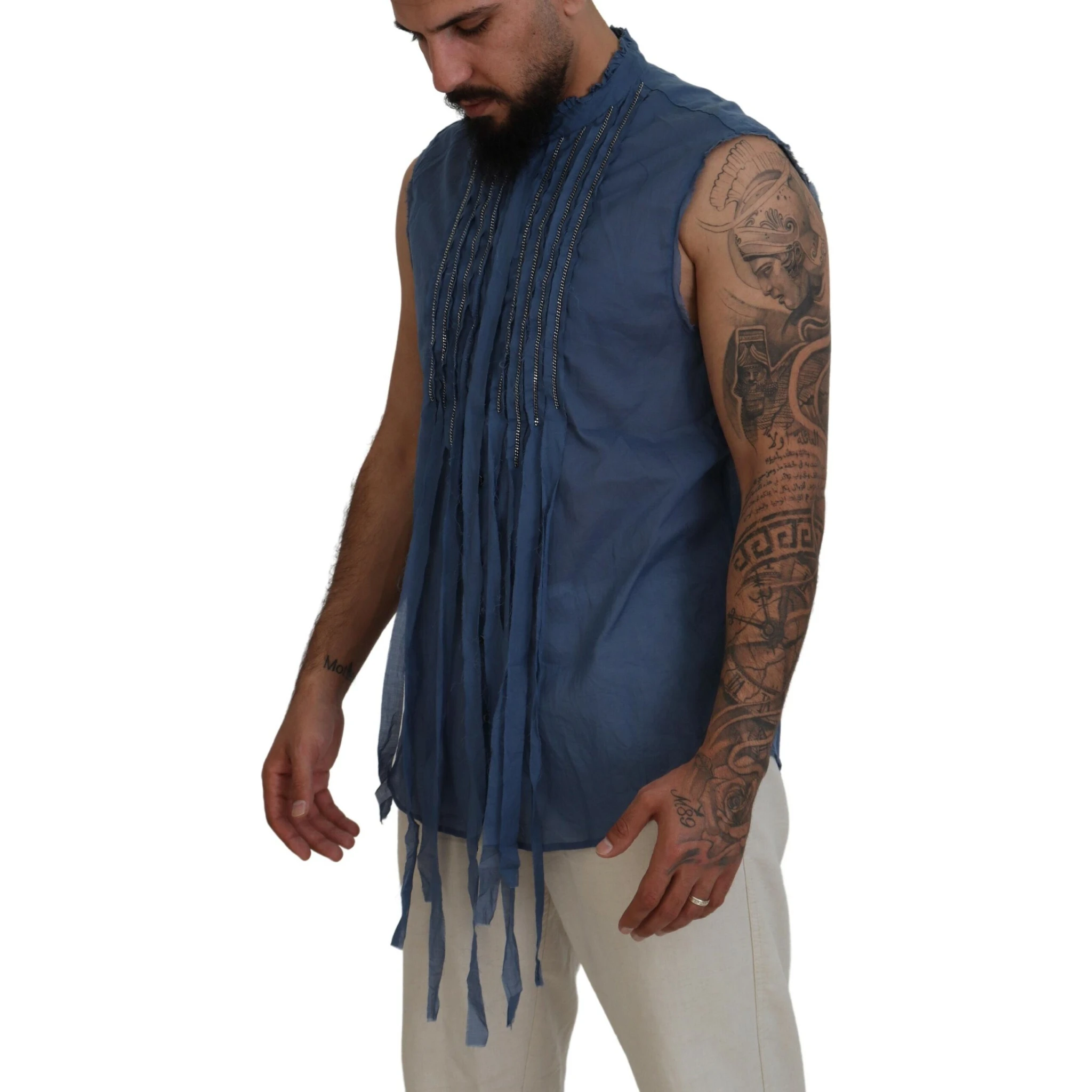 Blue Cotton Chain Embellishment Sleeveless Shirt