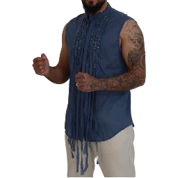 Blue Cotton Chain Embellishment Sleeveless Shirt