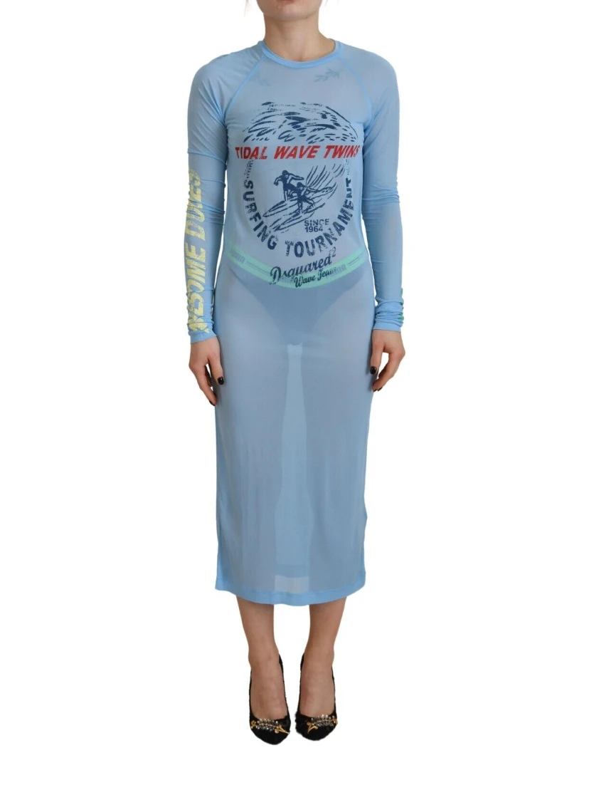 Blue Printed Viscose Long Sleeves Cover Up Dress