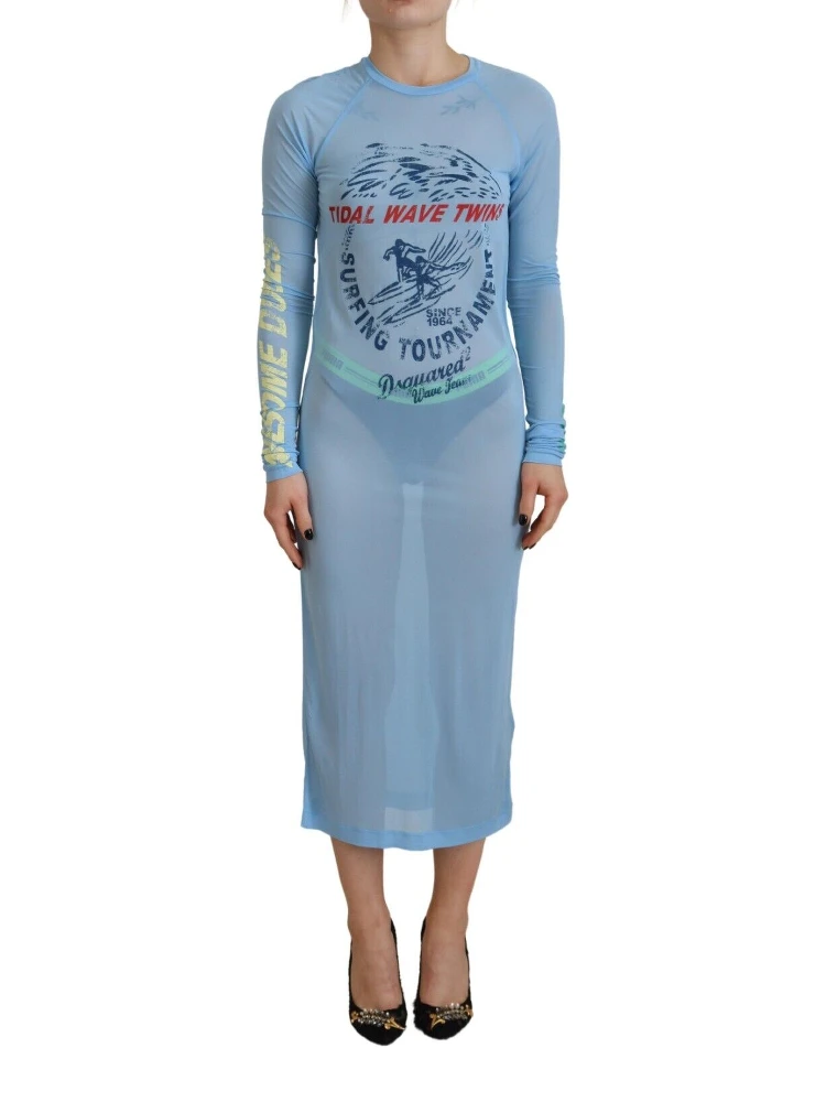Blue Printed Viscose Long Sleeves Cover Up Dress alternative