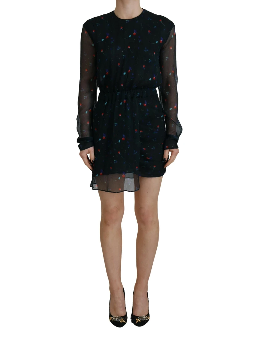Black Floral Silk Long Sleeves Sheath Mini Dress
