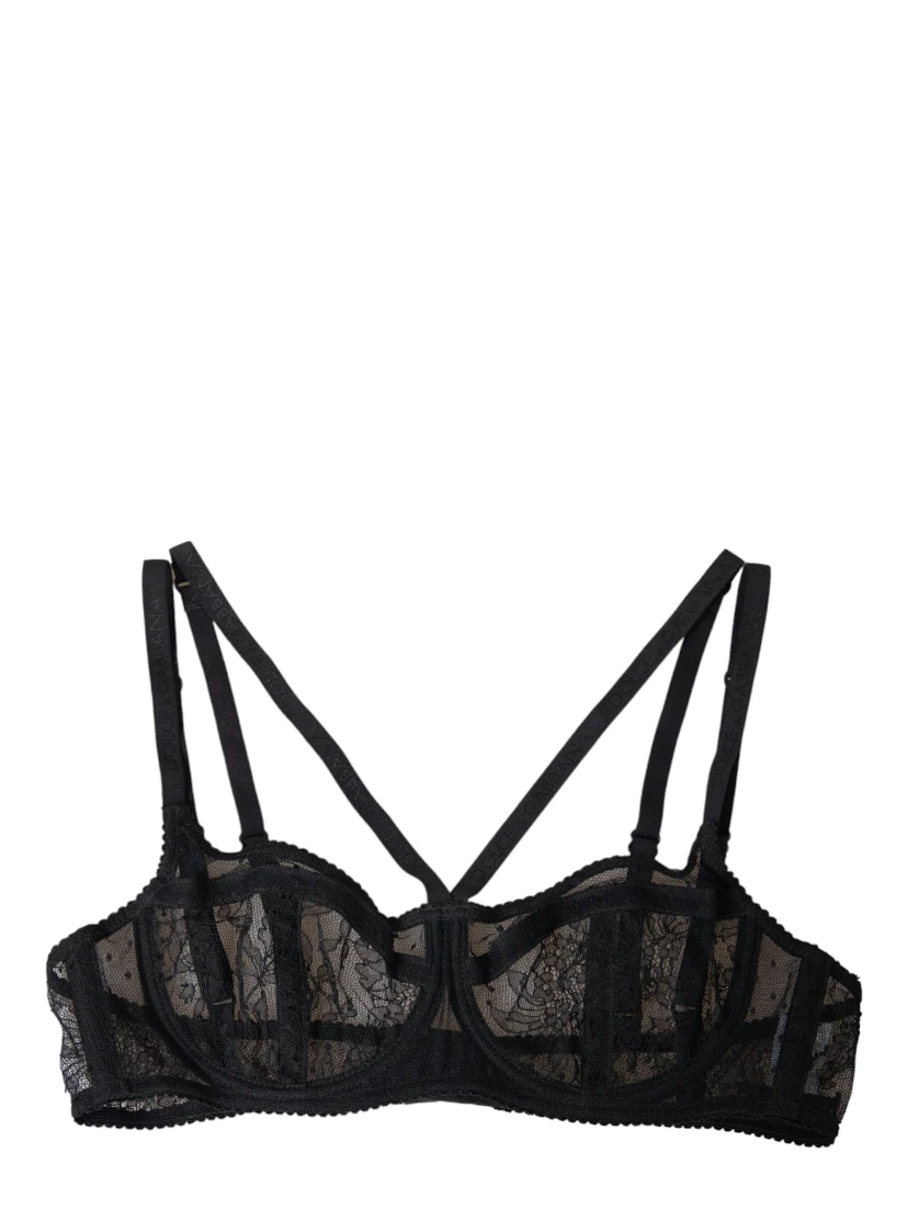 Black Floral Lace Nylon Balconcino Bra Underwear