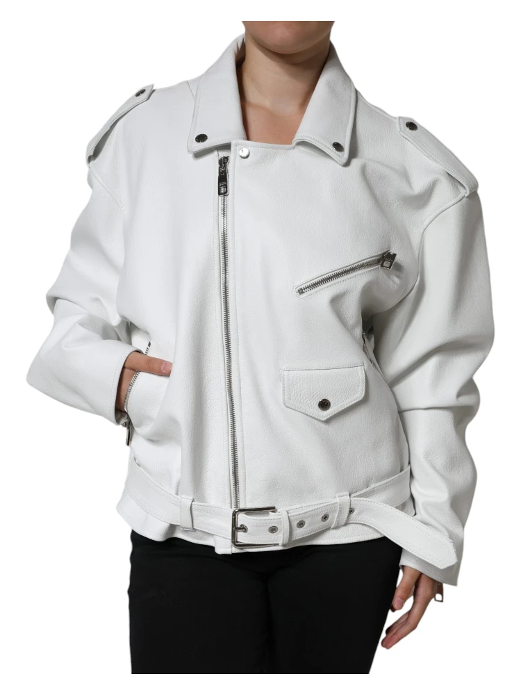 White Lambskin Leather Biker Coat Jacket