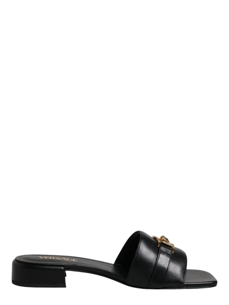 Black Leather Logo Plaque Slip On Slides Flats Shoes
