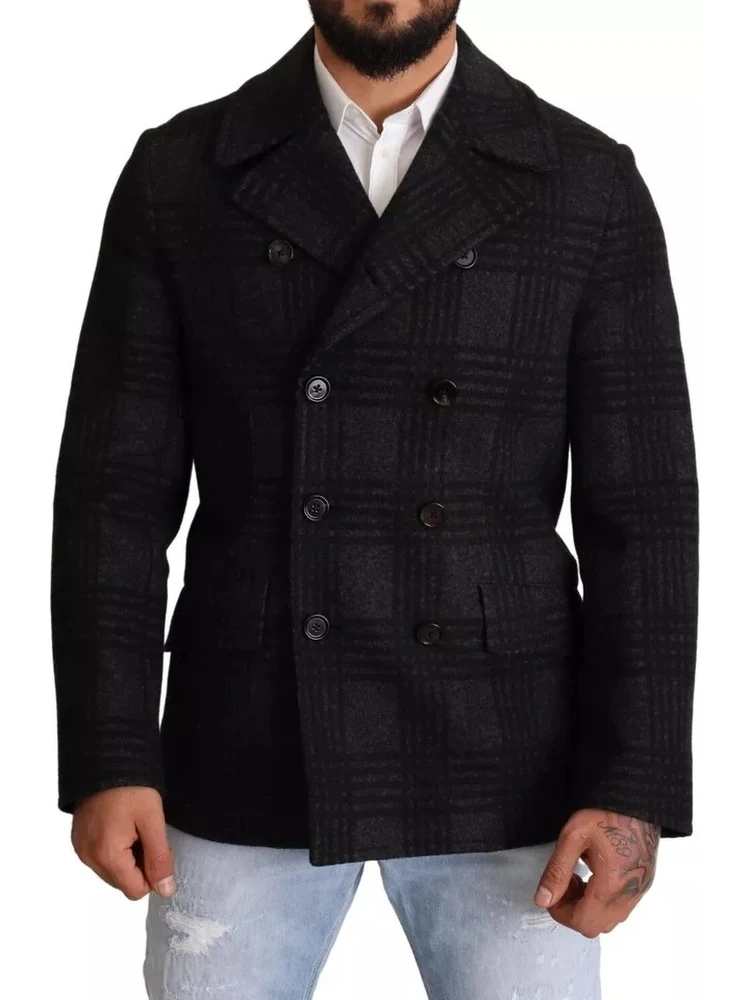Black Trench Coat Check Wool Jacket