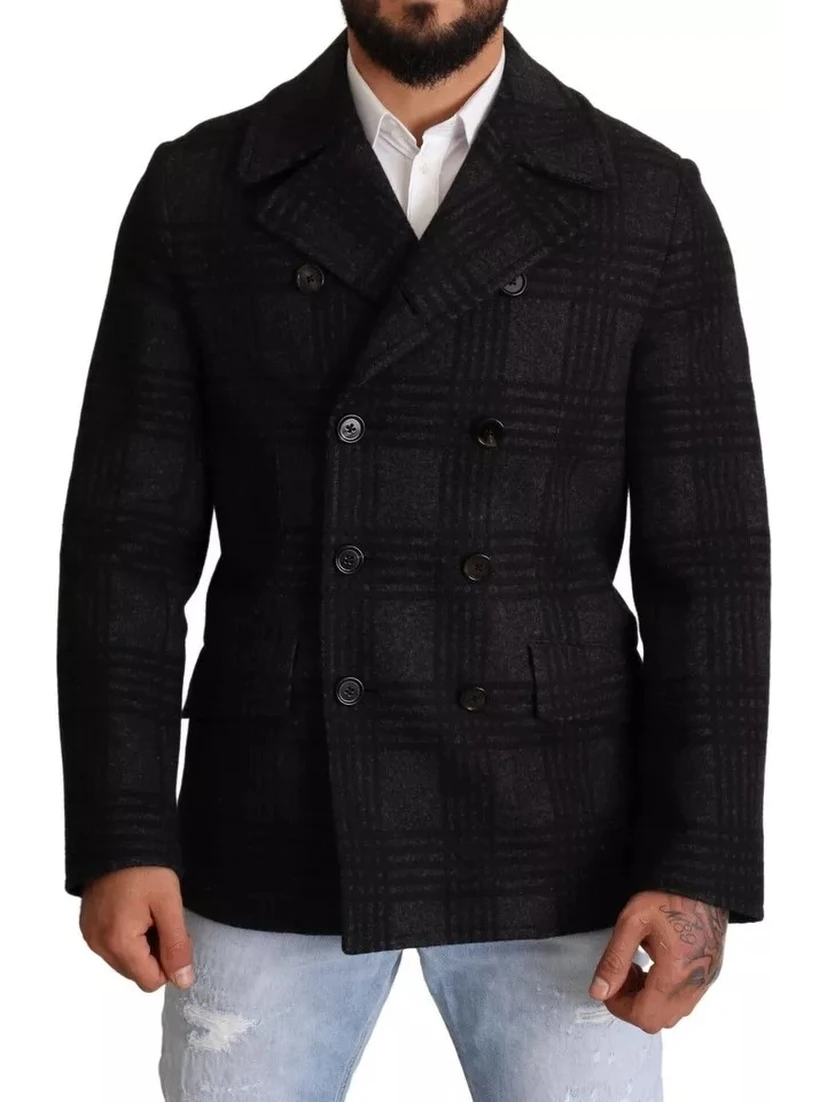 Black Trench Coat Check Wool Jacket