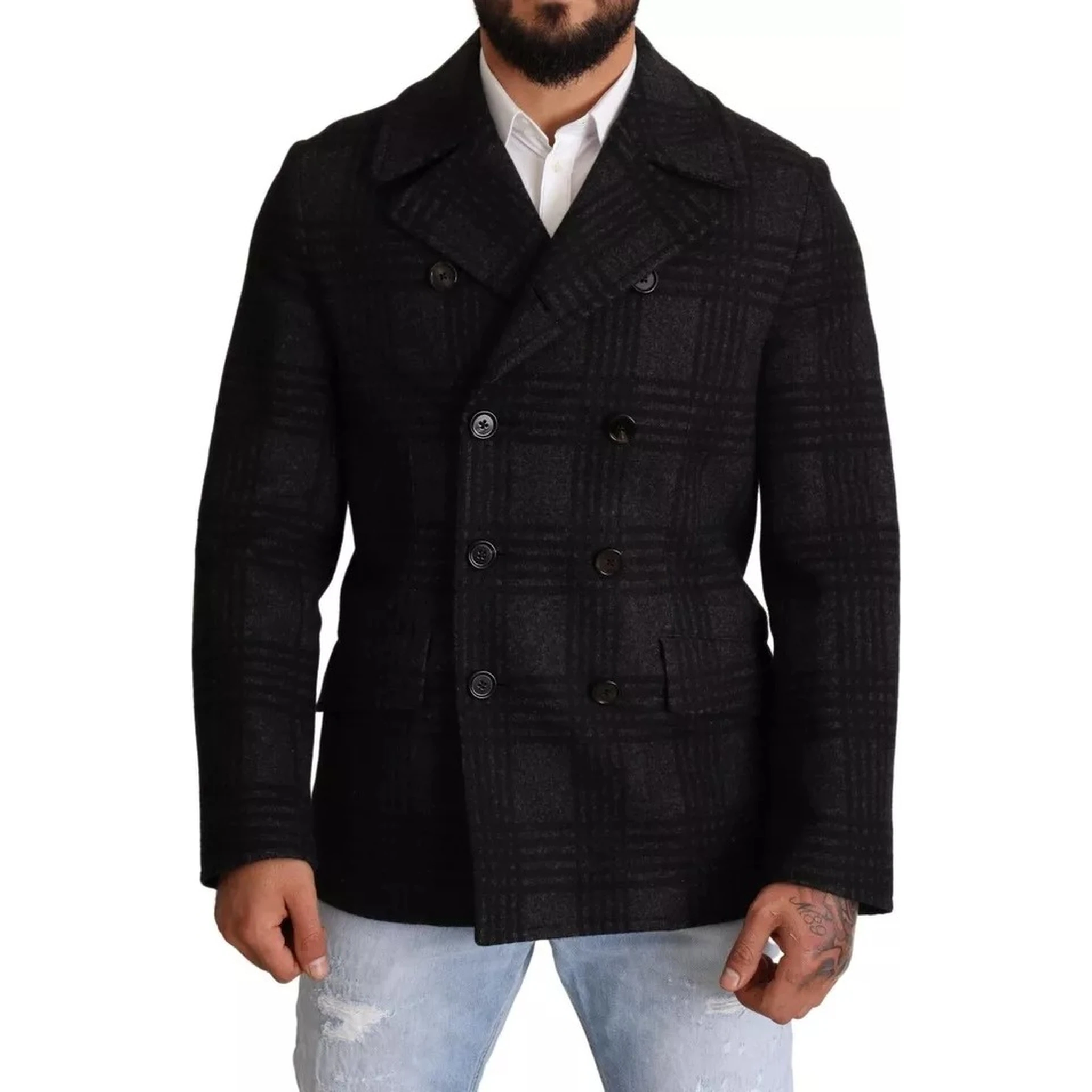 Black Trench Coat Check Wool Jacket