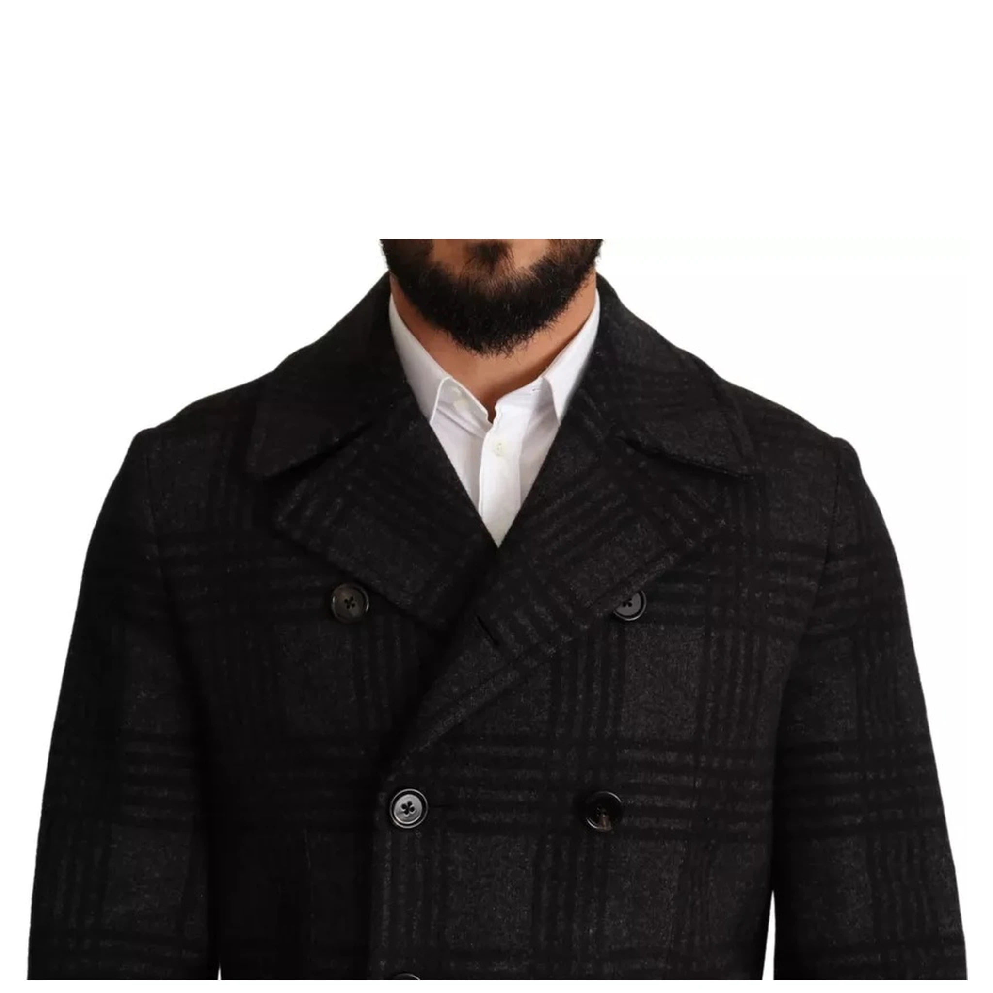 Black Trench Coat Check Wool Jacket