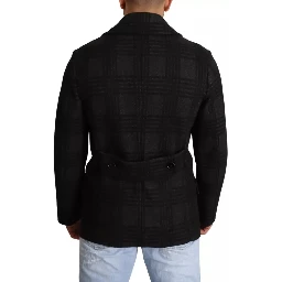 Black Trench Coat Check Wool Jacket