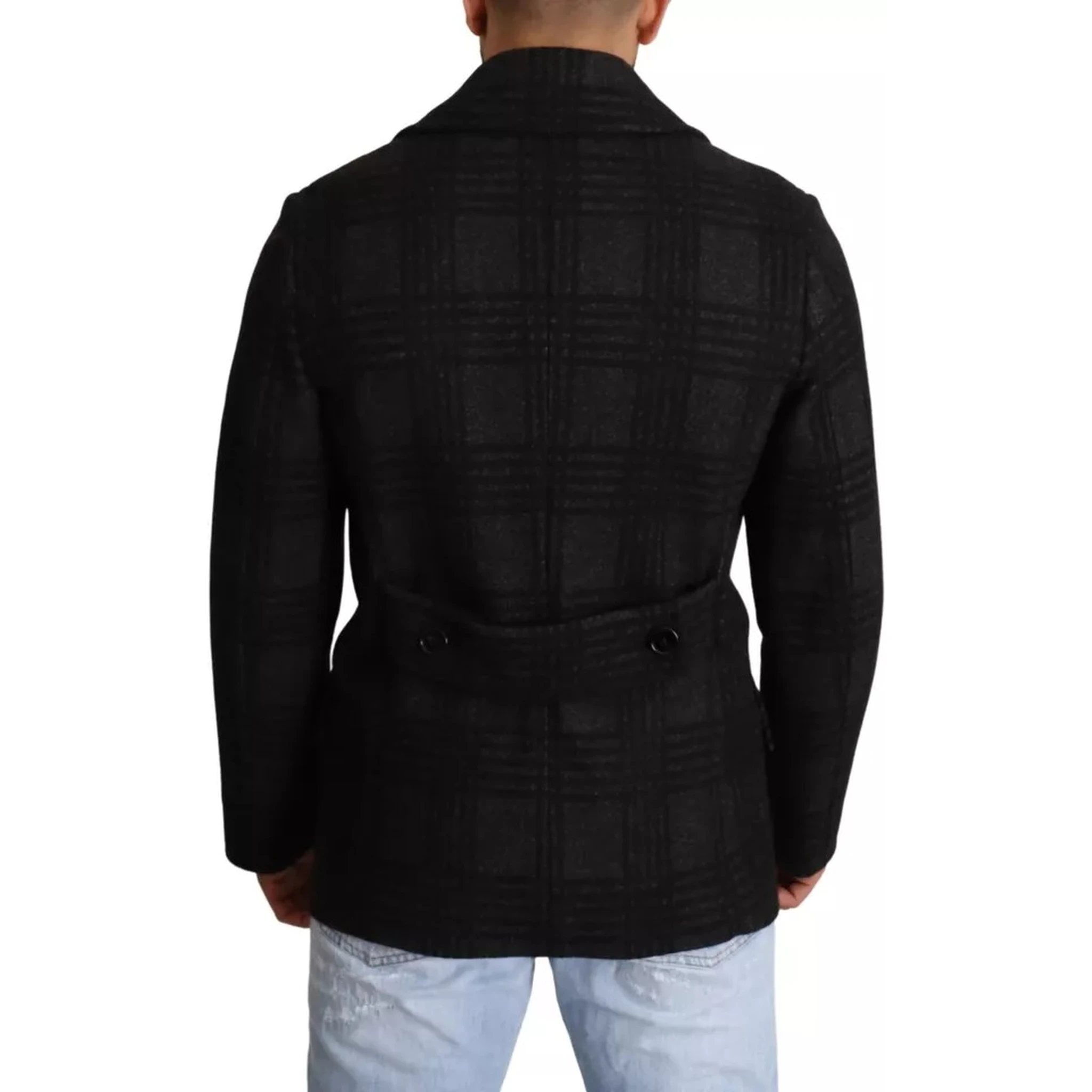 Black Trench Coat Check Wool Jacket