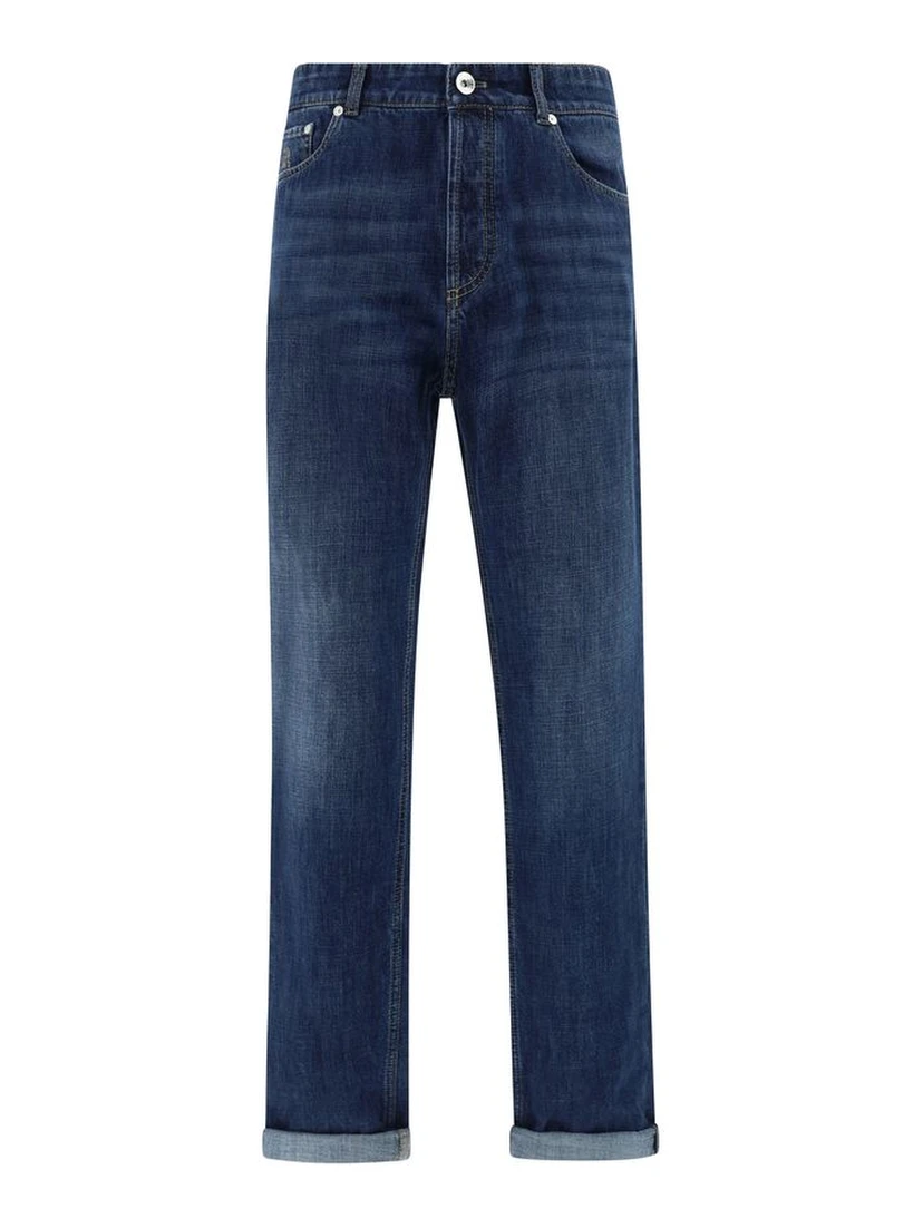Blue Cotton Straight-Leg Jeans