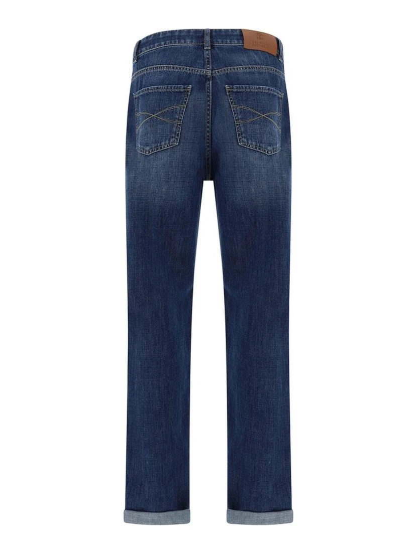 Blue Cotton Straight-Leg Jeans