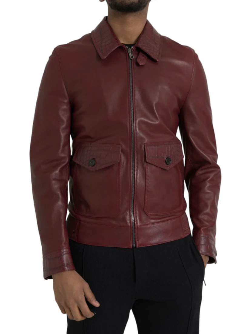 Maroon Exotic Leather Zip Biker Coat Jacket