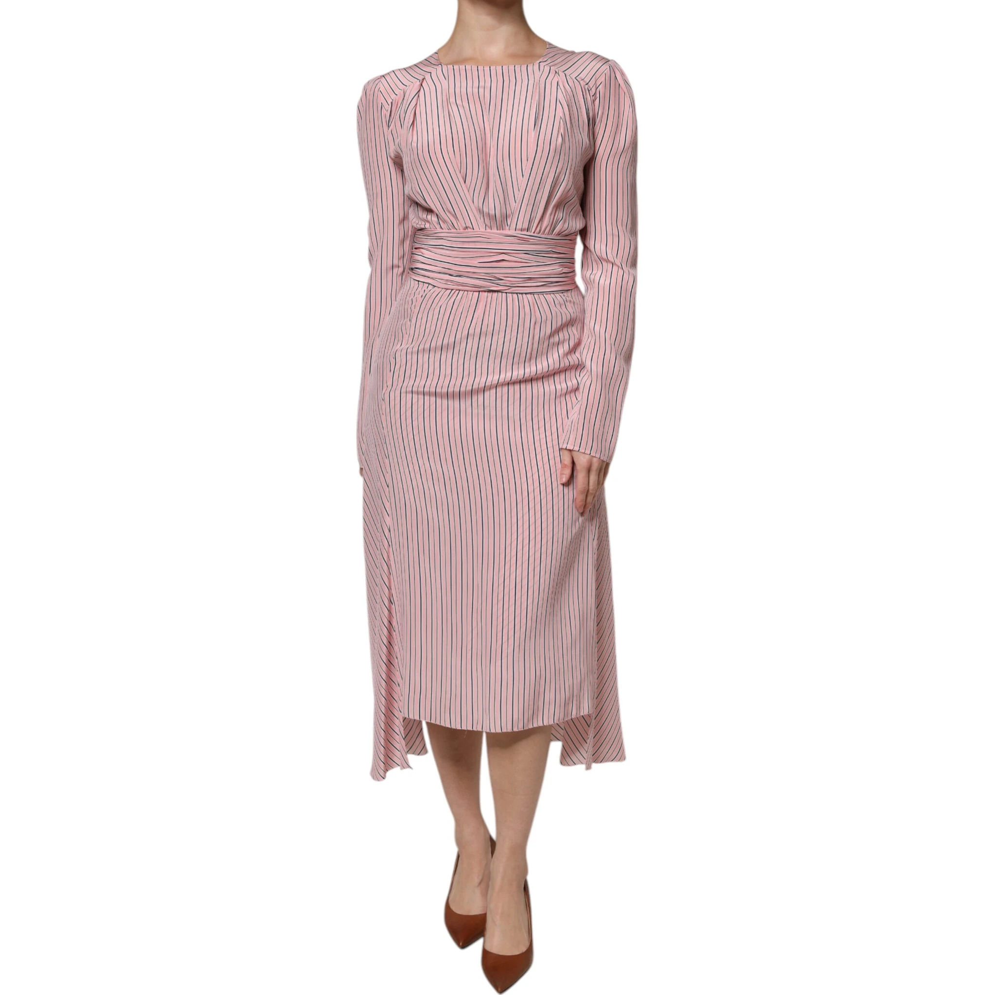 Pink Stripes Silk Long Sleeves Midi Dress