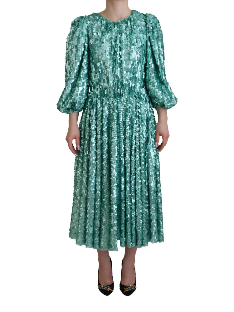 Blue Sequined Pleated Aline Midi Nylon Dress