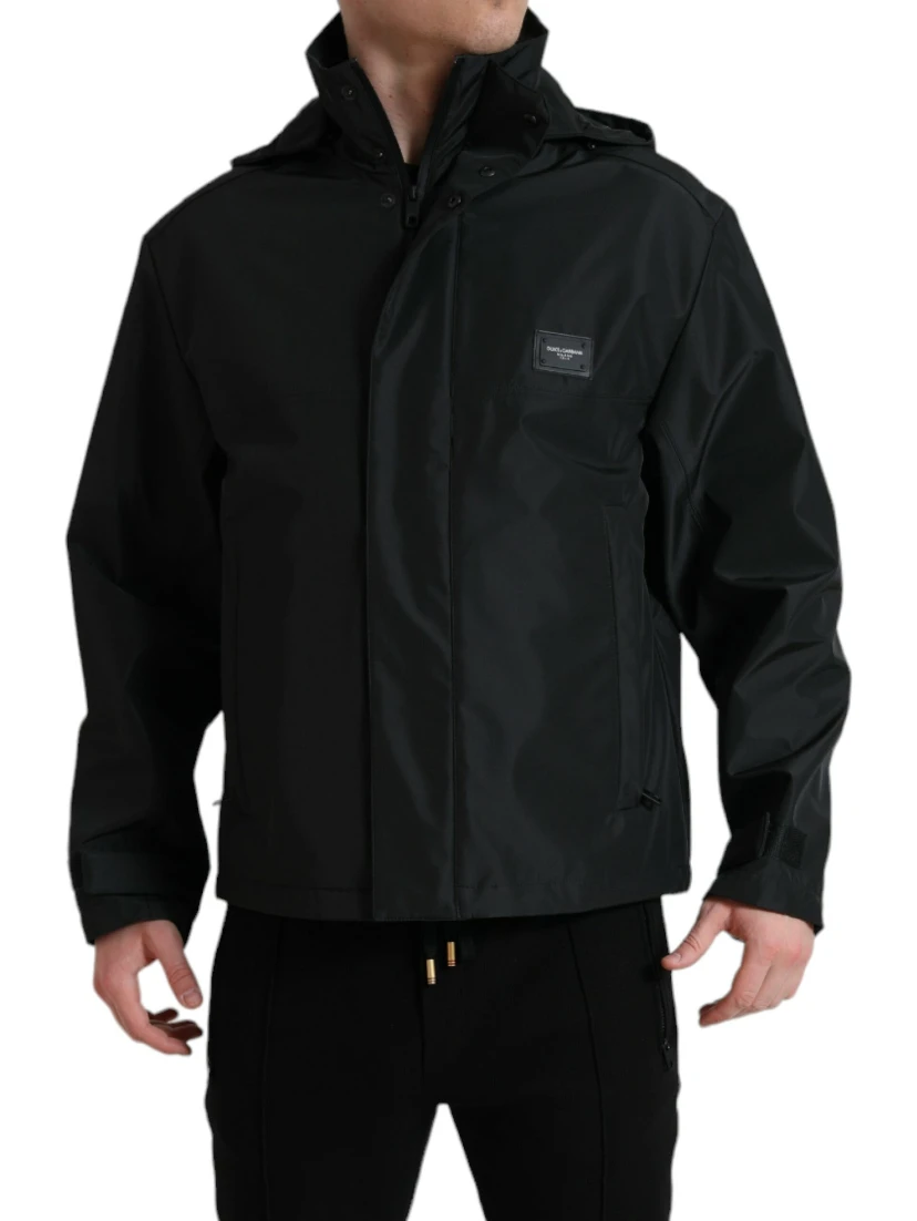 Black Polyester Logo Plaque Hooded Jacket