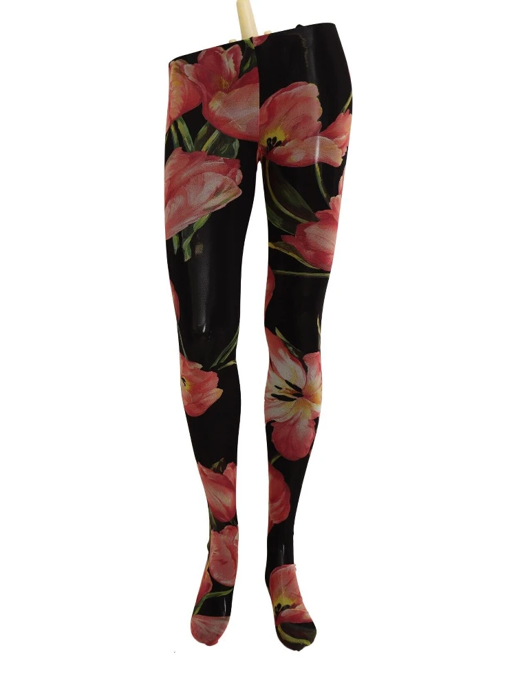 Black Floral Print Nylon Tights Stockings