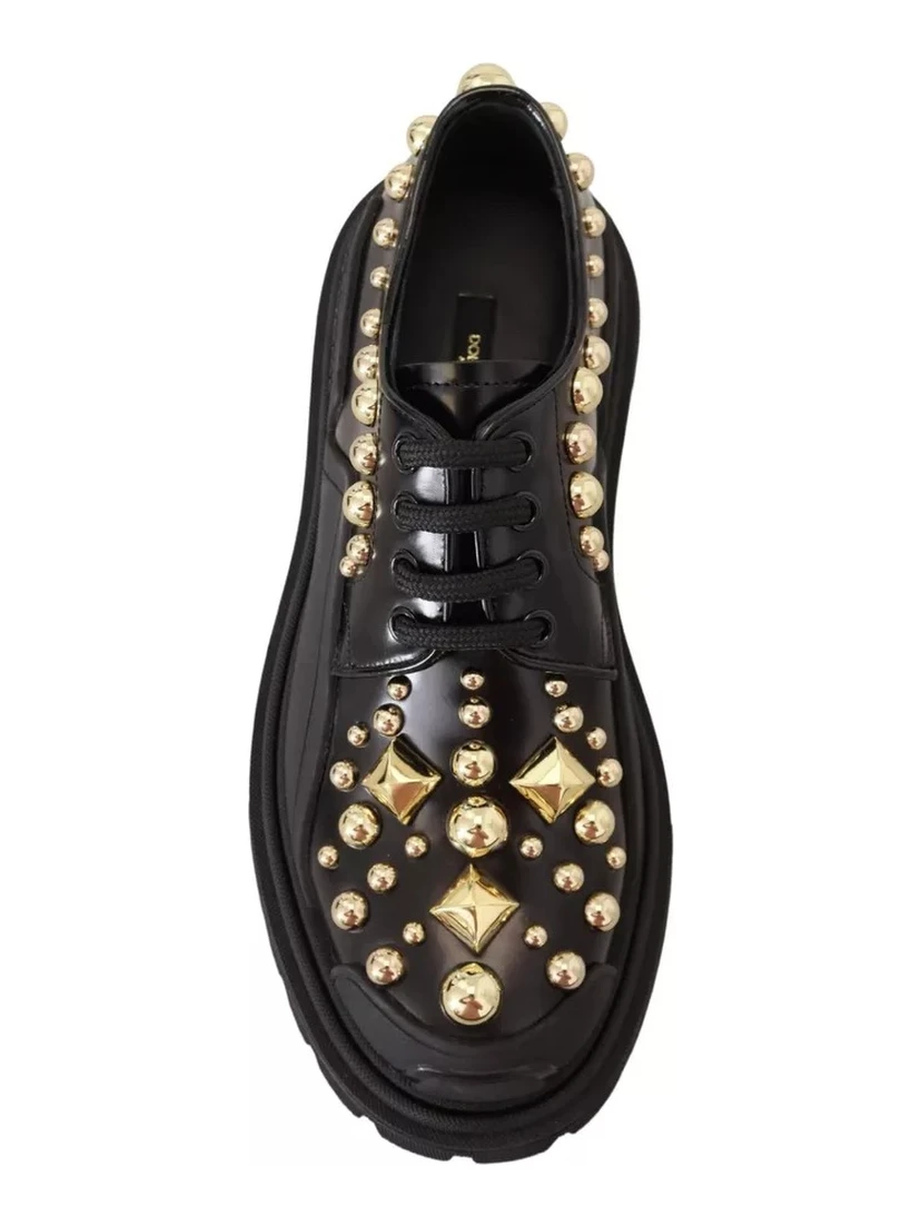 Black Leather Trekking Derby Embellished Shoes