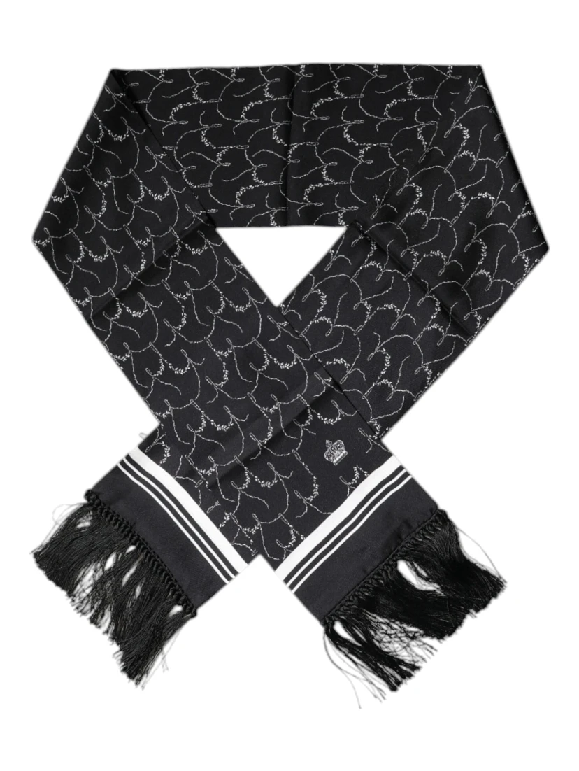 Black Patterned Skinny Fringes Shawl Scarf