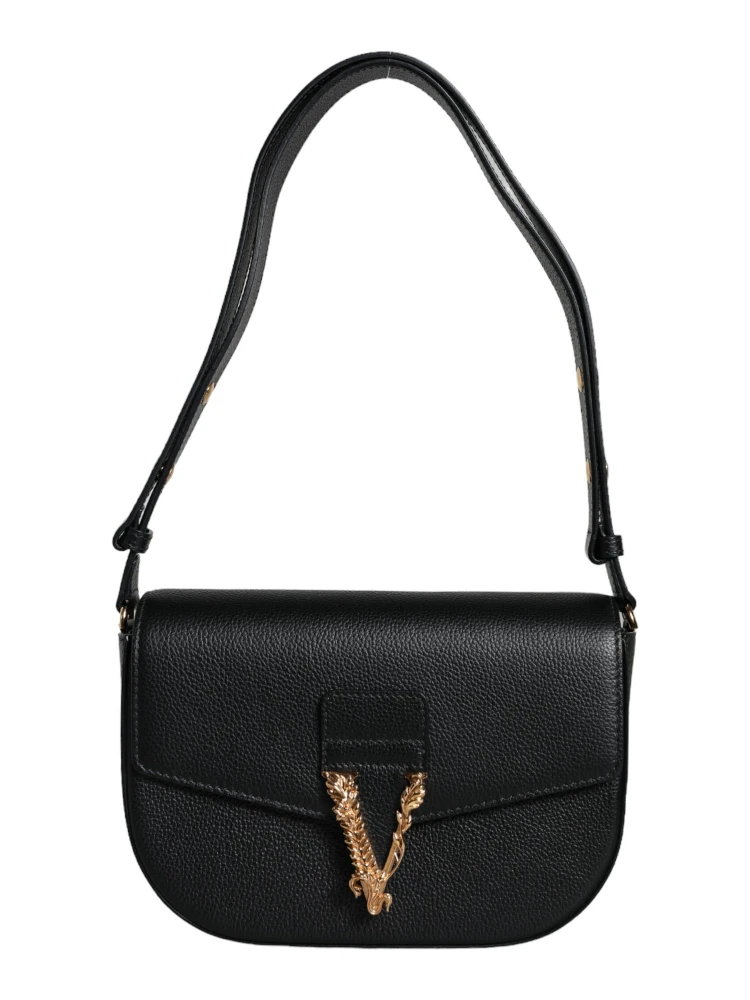 Black Grainy Calf Leather Logo Crossbody Shoulder Bag