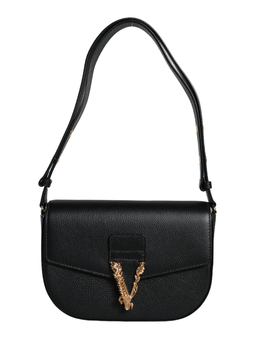 Black Grainy Calf Leather Logo Crossbody Shoulder Bag
