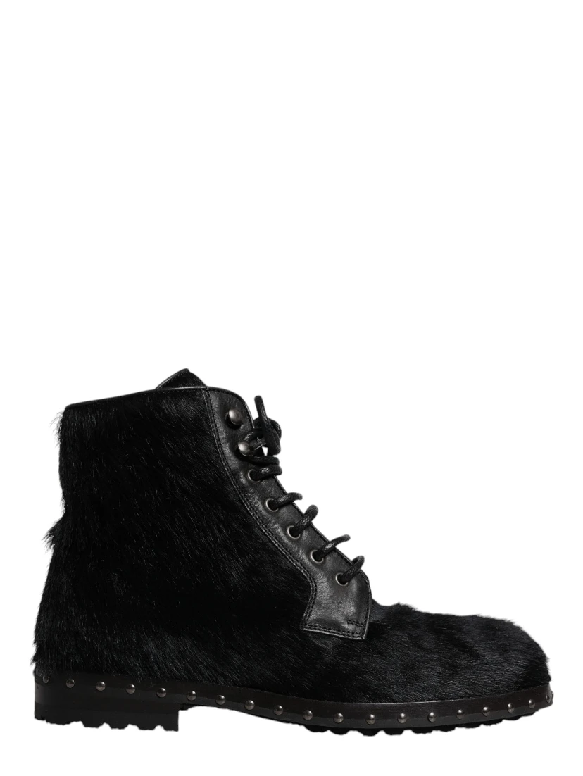 Black Pony Style Leather Mid Calf Boots Shoes