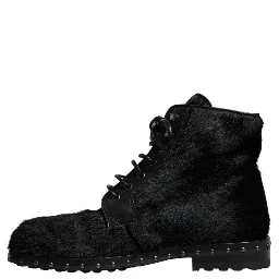 Black Pony Style Leather Mid Calf Boots Shoes