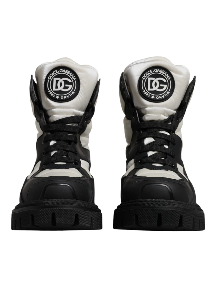 Black White Padded Mid Calf Lace Up Boots Shoes