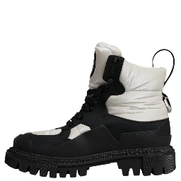 Black White Padded Mid Calf Lace Up Boots Shoes