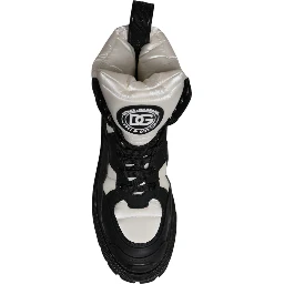Black White Padded Mid Calf Lace Up Boots Shoes
